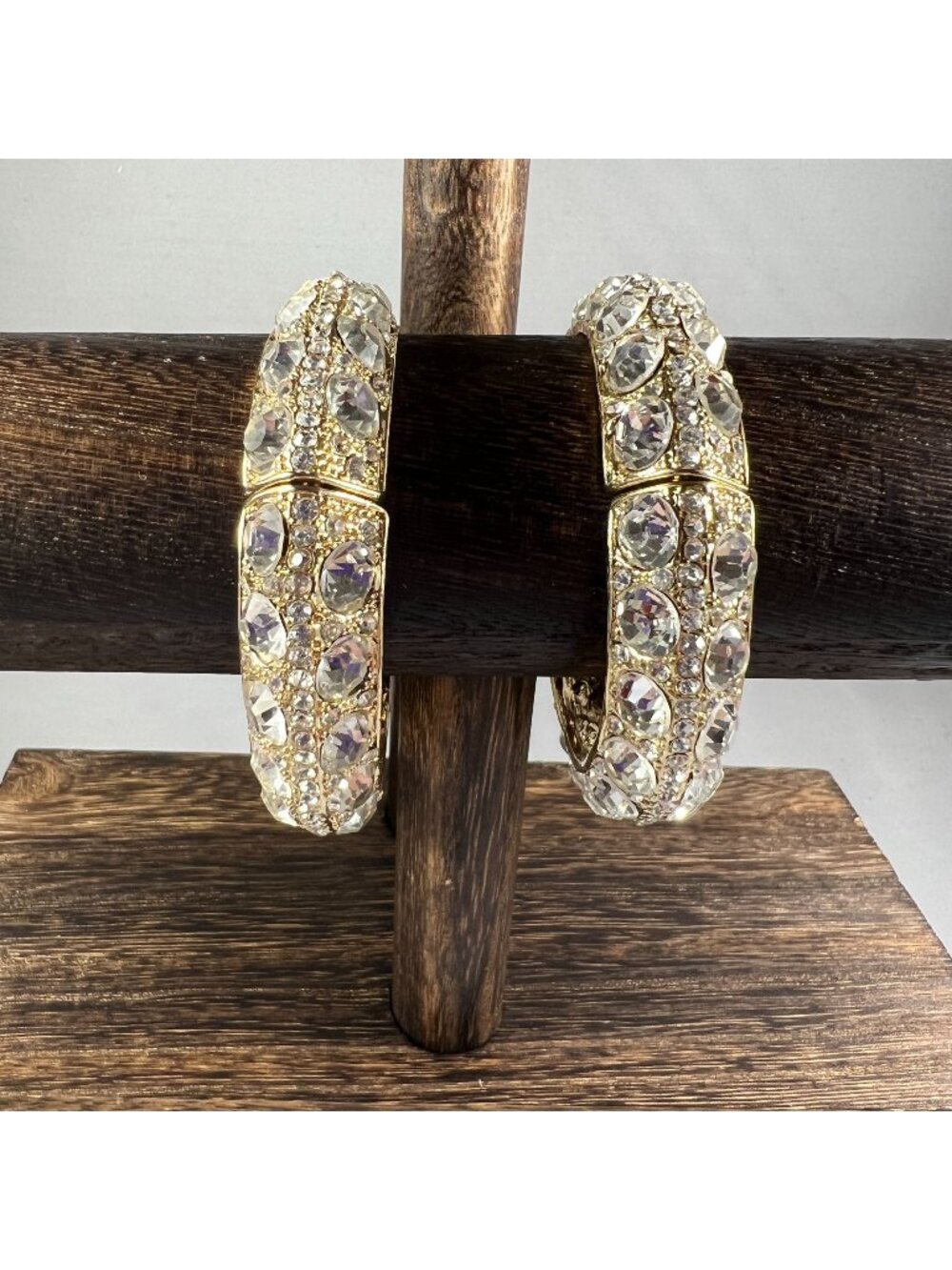 Gold-Tone Crystal Rhinestone Hinged Bangles With Oval & Round Stones